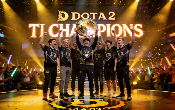 Dota2国际邀请赛冠军队伍捧杯庆祝场景